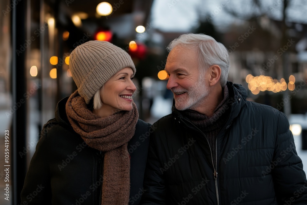 An older couple delights in the cityscape during winter, wrapped warmly. Their gaze is exchanging happiness and contentment amidst the bustling urban sight. An older couple delights in the cityscape during winter, wrapped warmly. Their gaze is exchanging happiness and contentment amidst the bustling urban sight.