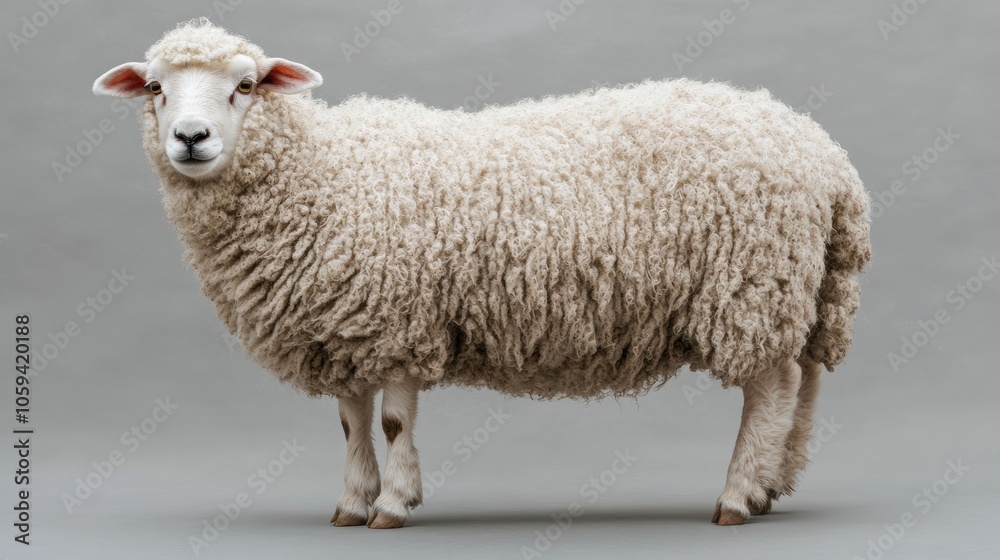 Fototapeta premium Sheep standing on gray background in studio setting