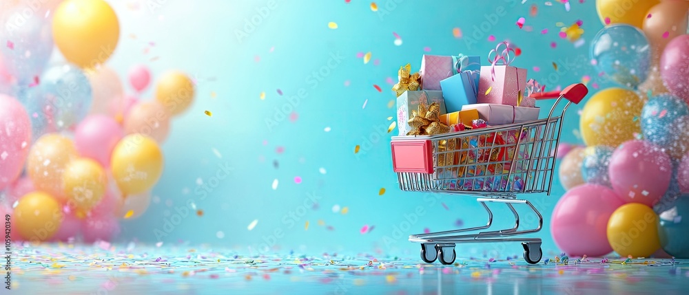 A shopping cart filled with gifts and surrounded by colorful balloons and confetti on a blue background. A shopping cart filled with gifts and surrounded by colorful balloons and confetti on a blue background.