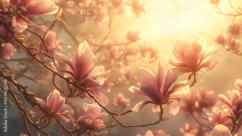 Magnolia flowers blooming on tree branch in golden sunset light