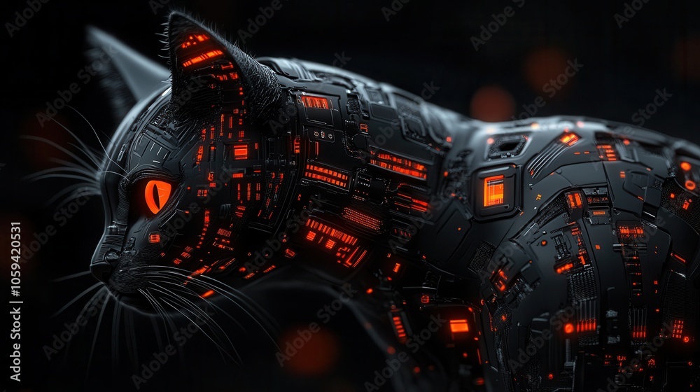 A whimsical illustration of a cat robot, merging robotic design with endearing feline qualities, great for use in toys or merchandise.