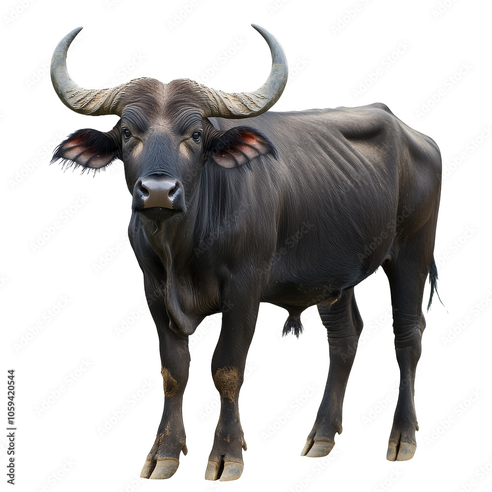 Black buffalo standing on a white surface indoors transparent Black buffalo standing on a white surface indoors transparent