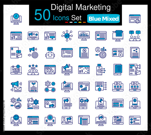 Set of 50 Digital Marketing icons related to 24 7 Monitoring, Ad Blocker, Ad Campaign, Advertising Submission Line Icon collection