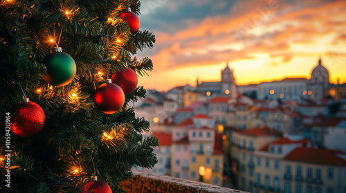 Close-up image of Christmas tree with green and red ornaments on the background of Lisbon panorama
