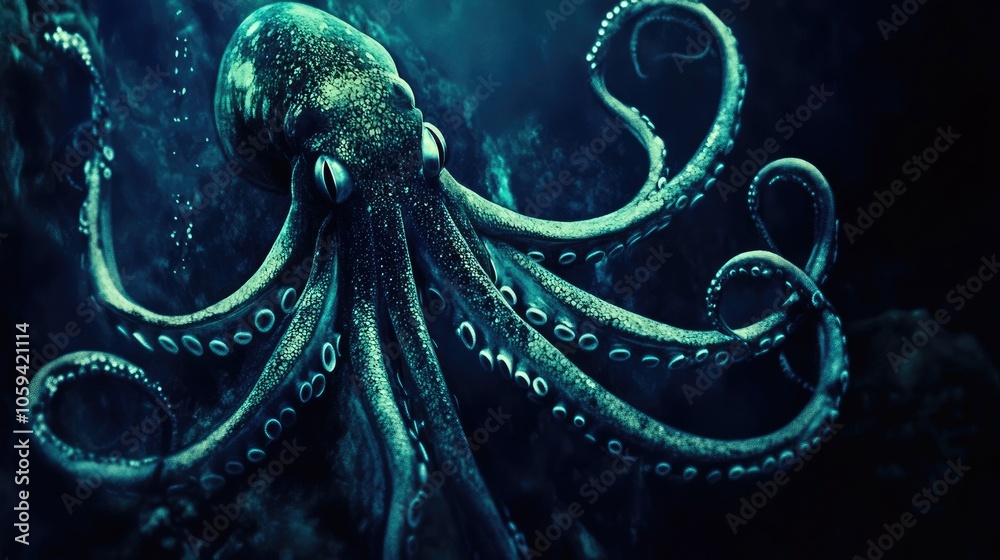 Mysterious giant squid with extended tentacles in the deep ocean, against a dark blue background. Mysterious giant squid with extended tentacles in the deep ocean, against a dark blue background.