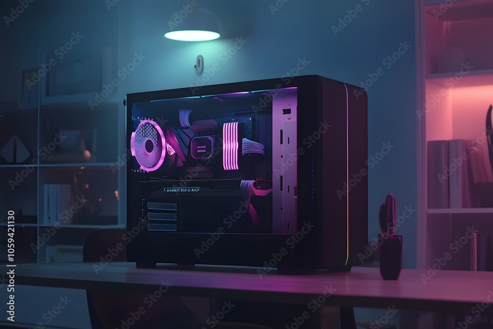 gaming computer with neon lights and RGB lighting, representing futuristic setup and modern technology