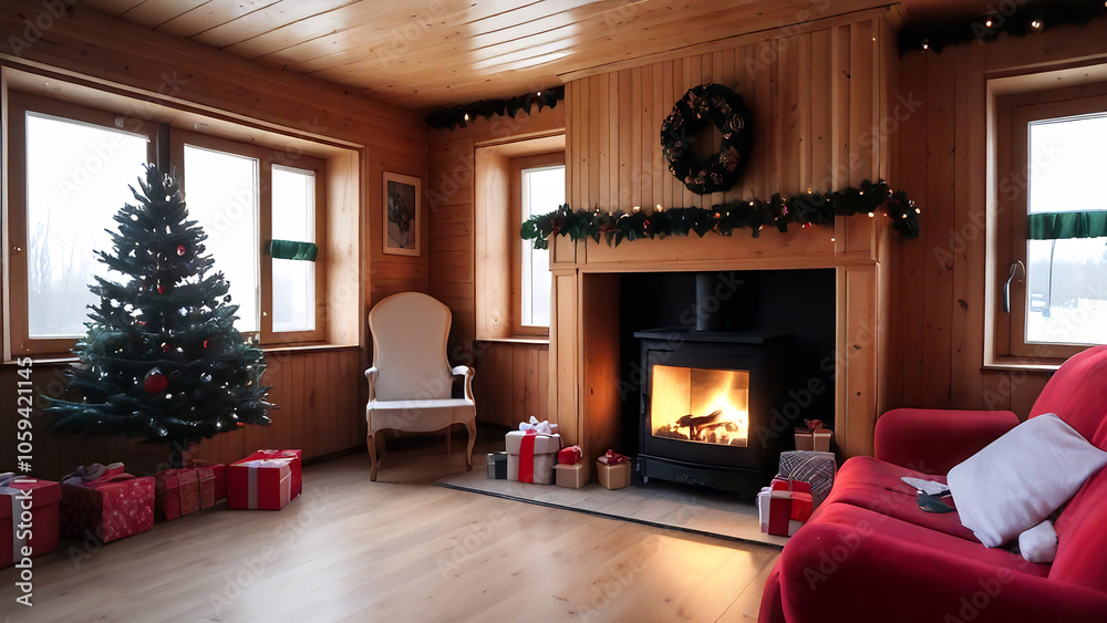 Living room in a wooden house with a fireplace, fire in the fireplace. Christmas. Christmas tree, gifts. Lots of Christmas decorations. Living room in a wooden house with a fireplace, fire in the fireplace. Christmas. Christmas tree, gifts. Lots of Christmas decorations.