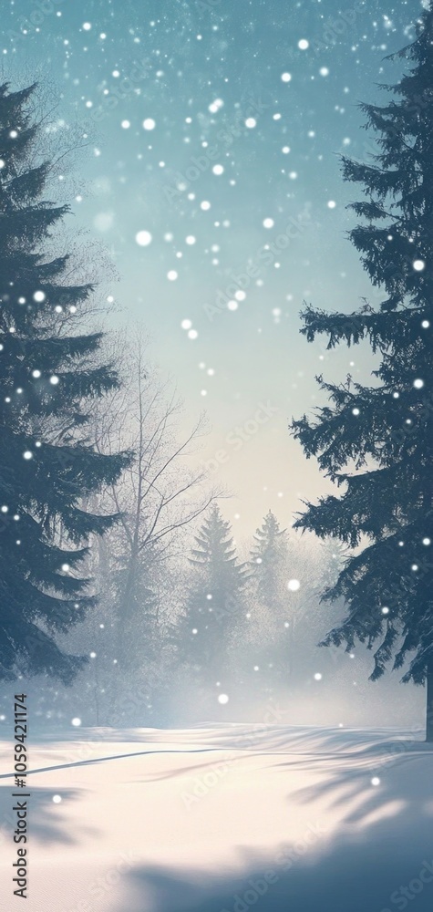 Obraz premium A serene misty winter forest with soft snowfall and dark shadows at twilight