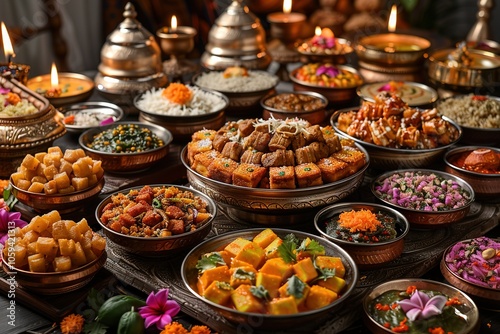 A table full of food with many different dishes and bowls