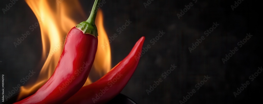Red chili pepper engulfed in flames, dramatic lighting, symbol of hot flavor Red chili pepper engulfed in flames, dramatic lighting, symbol of hot flavor