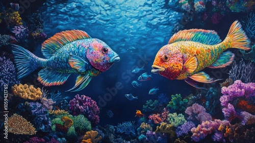 Pair of colorful parrotfish swimming through a lively reef, surrounded by diverse marine life. photo