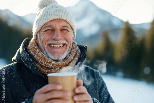 A cheerful elderly person relishes a steaming beverage in the snow-capped mountain scenery, wearing a knitted hat and scarf, capturing a blissful winter moment. photo