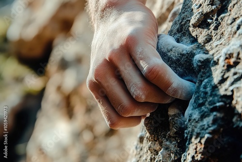 Close-up of hand gripping rock face, showing strength and focus photo