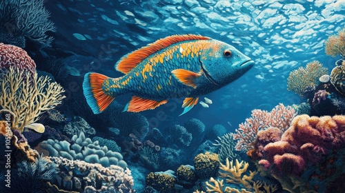 Parrotfish blending into the coral environment, illustrating its symbiotic role in the reef ecosystem. photo