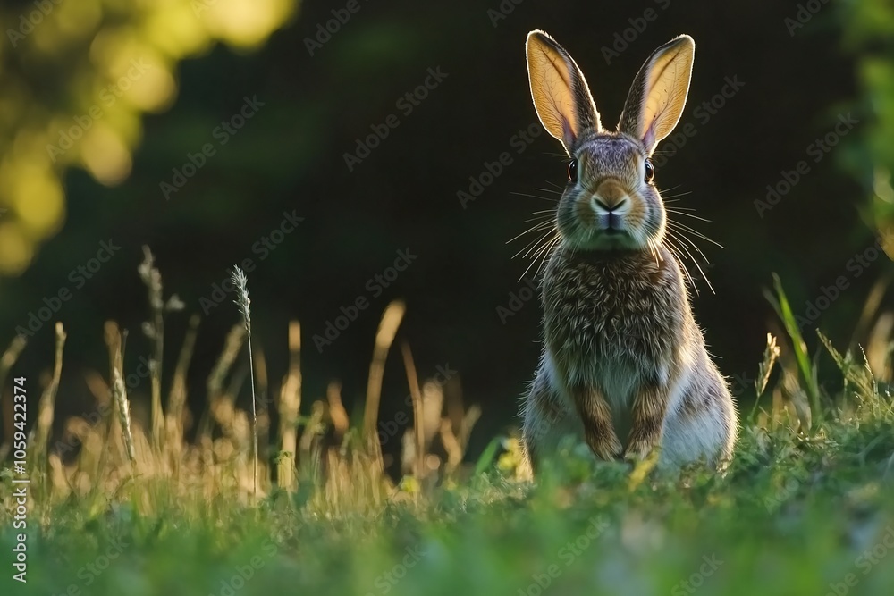 Alert rabbit in golden light, nature background. Alert rabbit in golden light, nature background.