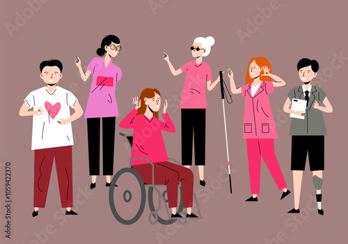 Set Disabled Characters. International day of persons with disabilities. World Diabled Day. People and wheelchair, Blindness, Loco motor impairment. Life with disability. Vector illustration