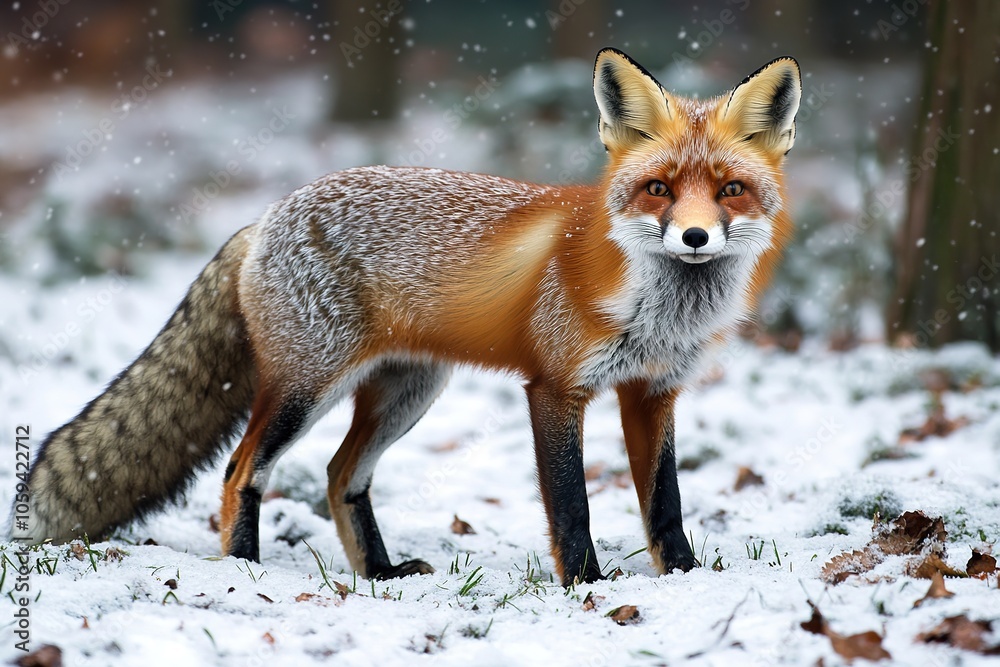 Alert red fox in snowy forest, winter wildlife scene Alert red fox in snowy forest, winter wildlife scene
