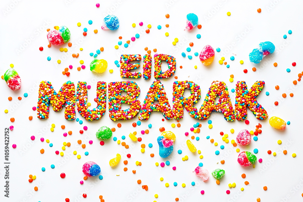 Obraz premium Eid Mubarak text made of colorful candy on a white background
