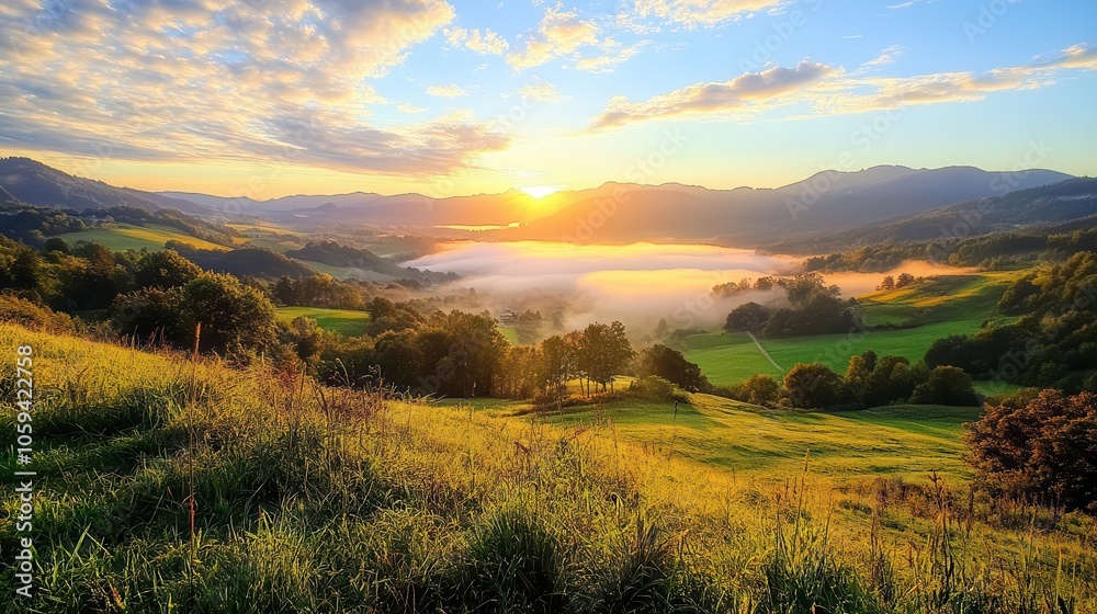A breathtaking sunrise over a lush valley, with mist rising from the rolling hills and a vibrant sky that promises a beautiful day. A breathtaking sunrise over a lush valley, with mist rising from the rolling hills and a vibrant sky that promises a beautiful day.