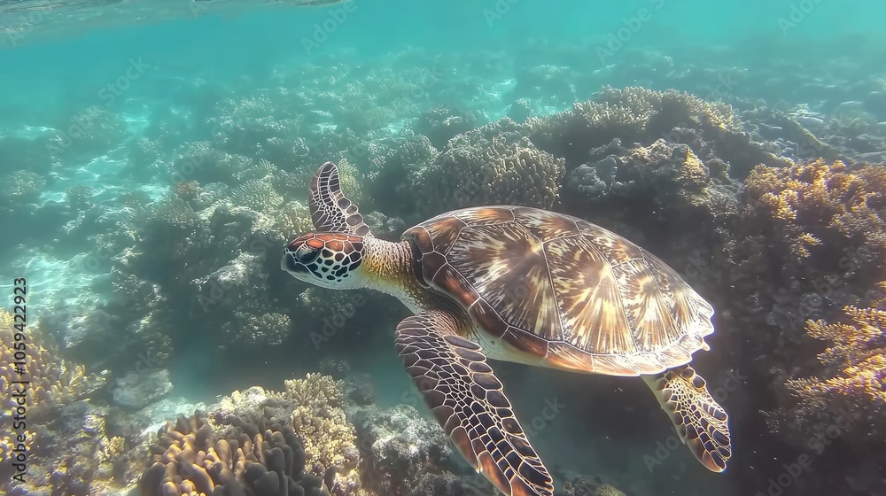 Fototapeta premium Sea turtle swimming alongside colorful coral, showcasing its gentle and slow movements.