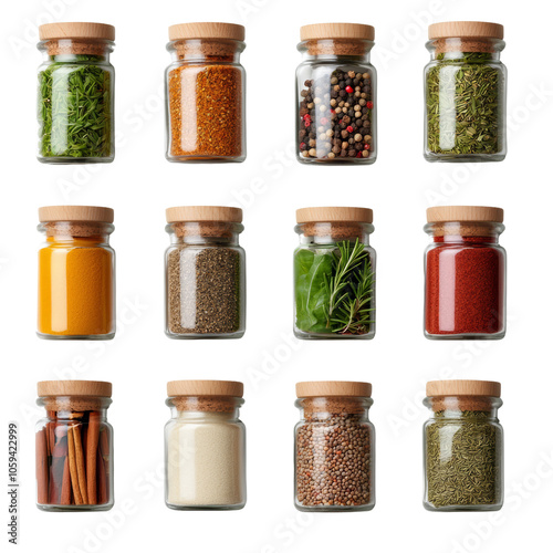 A collection of assorted spices in glass jars with wooden lids, arranged in a neat grid isolated on PNG transparent background