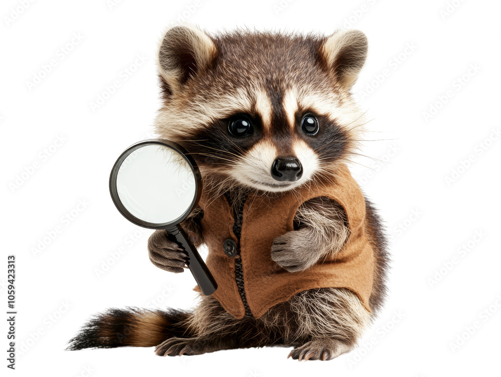 Obraz premium Cute raccoon detective wearing a small vest, holding a magnifying glass, isolated on PNG transparent background