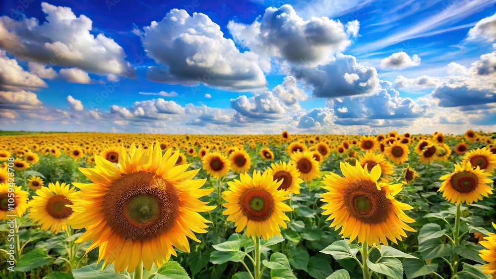 Fototapeta premium A vibrant and colorful sunflower field in full bloom against a bright blue sky with fluffy white clouds, natural landscape, wildflowers, botanical print, nature wallpaper, flower field