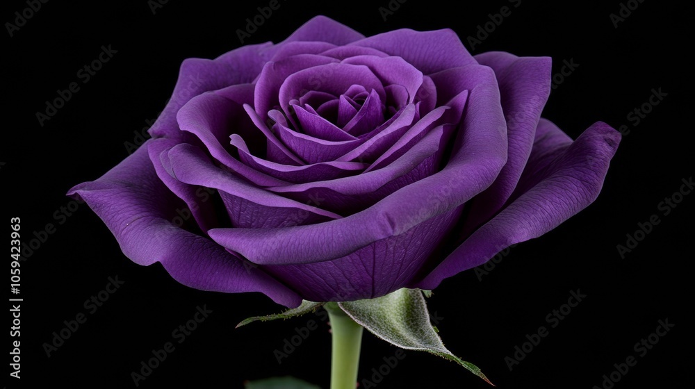 Purple rose blooming elegantly on black background