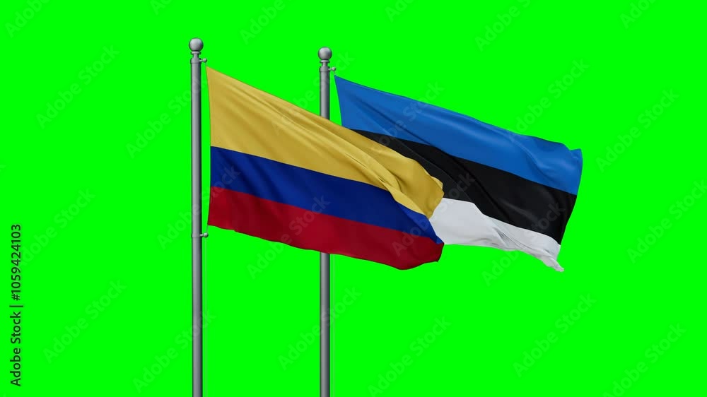 Estonia and Colombia flags flying together, video concept of the relationship with colored chroma key for easy background remove Estonia and Colombia flags flying together, video concept of the relationship with colored chroma key for easy background remove