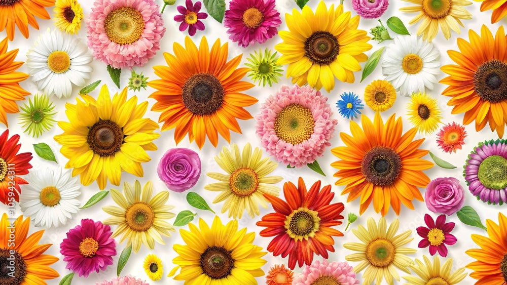 A vibrant floral pattern featuring a mix of bright flowers such as sunflowers and daisies against a bold and modern white background, abstract, colorful, nature, playful, spring A vibrant floral pattern featuring a mix of bright flowers such as sunflowers and daisies against a bold and modern white background, abstract, colorful, nature, playful, spring