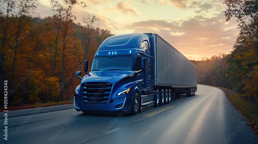 Classic semi-truck cruising on rural highway at sunset, golden sunlight, freight transport, commercial vehicle, long-distance haul, travel, logistics.