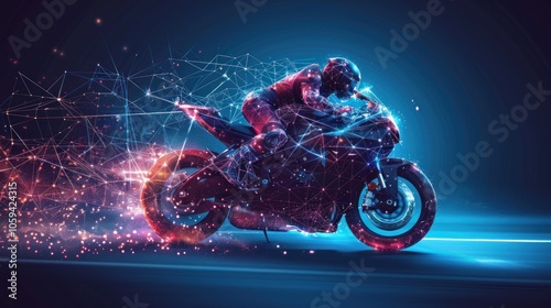 A digital rendering of a motorcycle rider in motion on a dark blue background. The rider is wearing a helmet and a black and red racing suit and is surrounded by glowing, geometric shapes photo