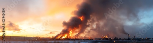 Dramatic industrial scene featuring smoke and flames against a vibrant sunset sky, showcasing the impact of manufacturing on the environment.