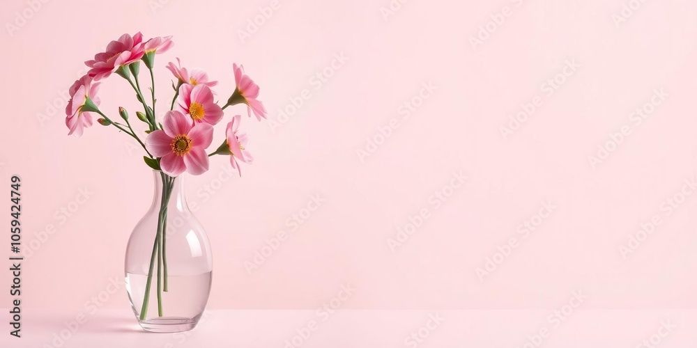 A vibrant pink flower elegantly displayed in a clear vase against a soft pink background, blossom, pink A vibrant pink flower elegantly displayed in a clear vase against a soft pink background, blossom, pink