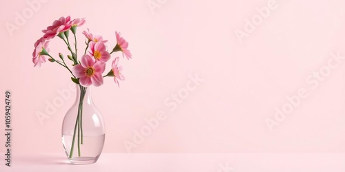 A vibrant pink flower elegantly displayed in a clear vase against a soft pink background, blossom, pink