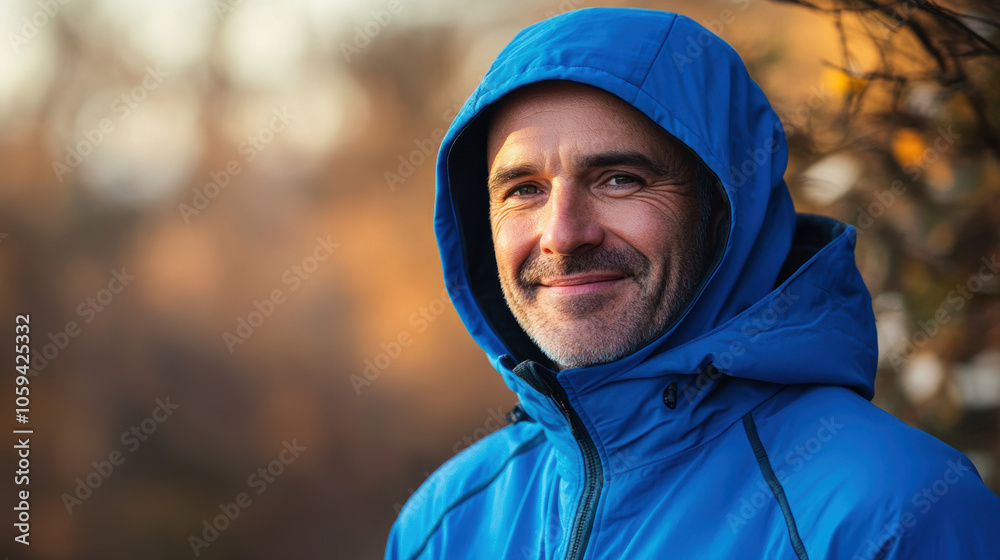 Smiling Man in Blue Hooded Jacket Outdoors in Winter. Smiling Man in Blue Hooded Jacket Outdoors in Winter.