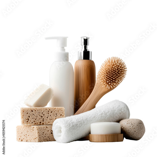 Collection of eco-friendly bath products including sponges, brushes, and bottles for a natural, sustainable beauty routine. isolated on PNG transparent background photo