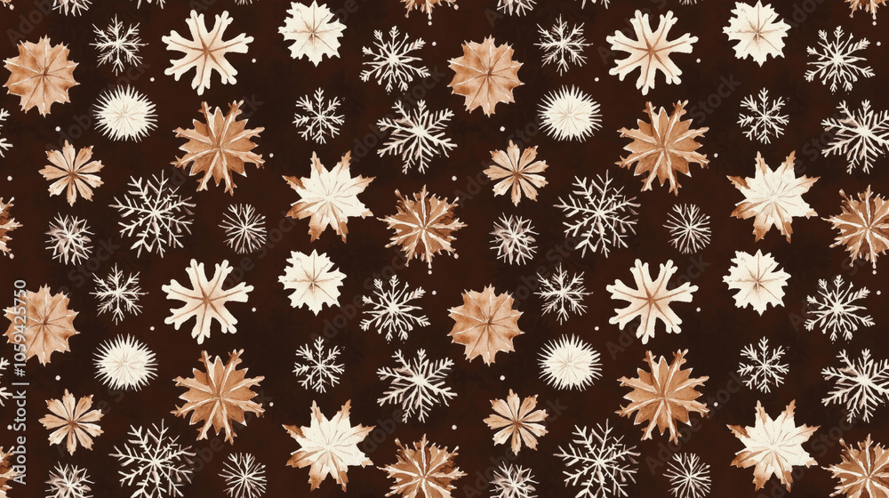 Seamless pattern of isolated watercolor snowflakes on a rich brown backdrop winter themed decorative illustration Seamless pattern of isolated watercolor snowflakes on a rich brown backdrop winter themed decorative illustration
