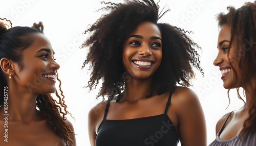 Three mixed race girlfriends, community of inclusion & equality isolated with white shades, png photo