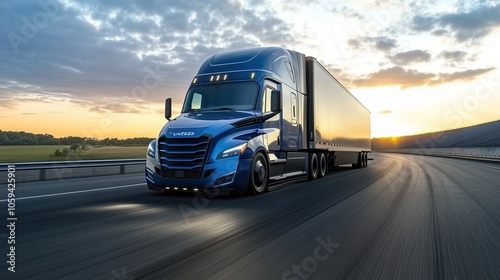 Classic semi-truck cruising on rural highway at sunset, golden sunlight, freight transport, commercial vehicle, long-distance haul, travel, logistics.