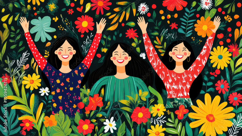 Fototapeta premium Joyful women express happiness in a lush garden filled with colorful flowers, symbolizing friendship and celebration under a vibrant canopy