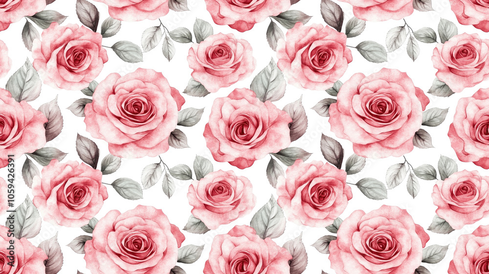 Fototapeta premium Seamless pattern of delicate watercolor pink rose flowers ideal for textile design and home decor
