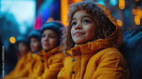 A group of children in cozy jackets watches an evening event, captivated by colorful lights and decorations, spreading holiday cheer