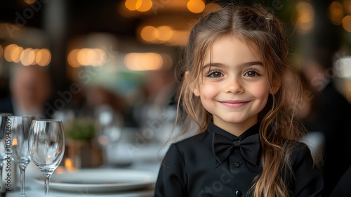 The young girl beams with joy, dressed in a black outfit, as she sits at a tastefully arranged dining table surrounded by guests