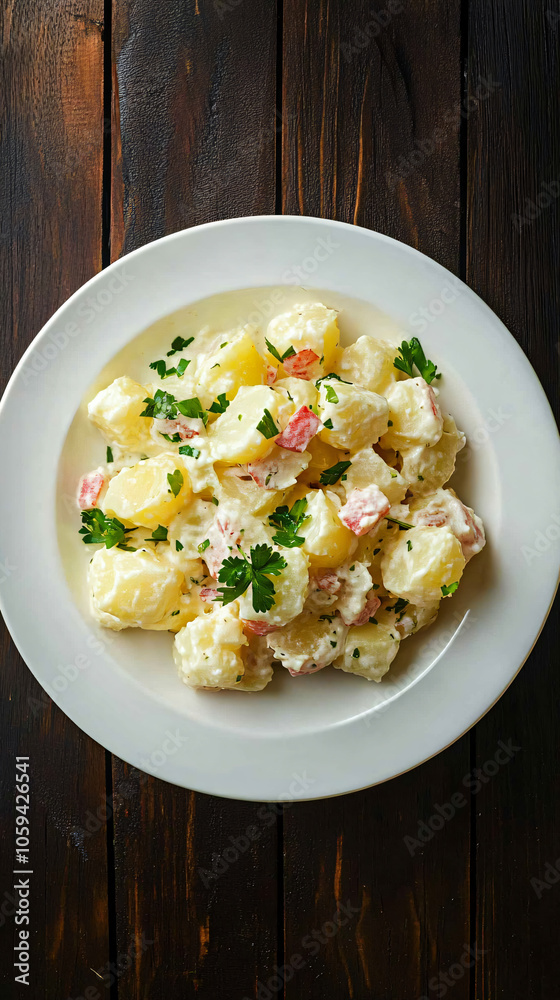 Creamy potato salad with bacon and parsley served on a dark wooden table with a white plate Creamy potato salad with bacon and parsley served on a dark wooden table with a white plate