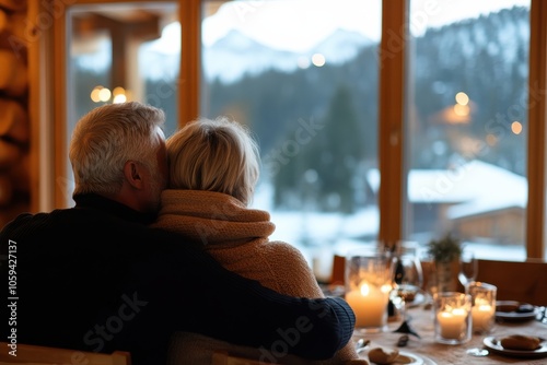 A couple shares a romantic dinner by candlelight, sitting by a large window with a stunning snowy mountain view, basking in a cozy, intimate atmosphere. photo