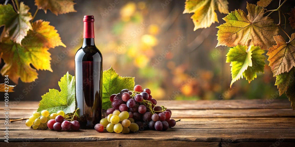 Fototapeta premium A wine bottle sitting on a wooden table with a few grapes and leaves surrounding it, red wine, barrel aging, fermentation tank, cellar door