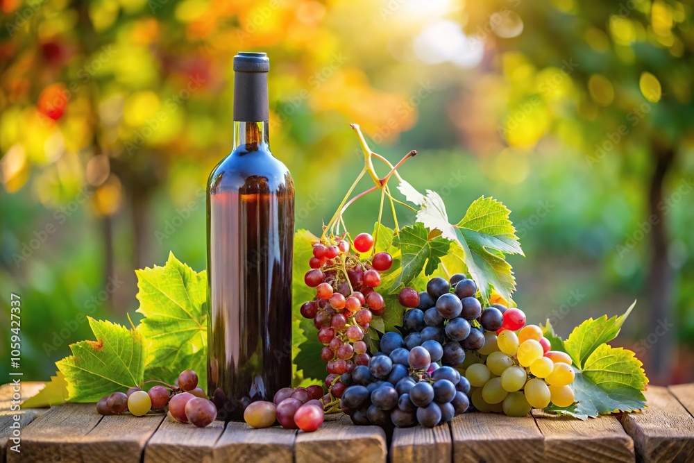 Fototapeta premium A wine bottle with a bouquet of grapes and leaves surrounding it in a garden setting, botanical, beverage, grapes, alcoholic, wine bottle