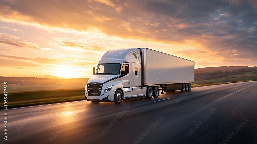 Classic semi-truck cruising on rural highway at sunset, golden sunlight, freight transport, commercial vehicle, long-distance haul, travel, logistics. Classic semi-truck cruising on rural highway at sunset, golden sunlight, freight transport, commercial vehicle, long-distance haul, travel, logistics.