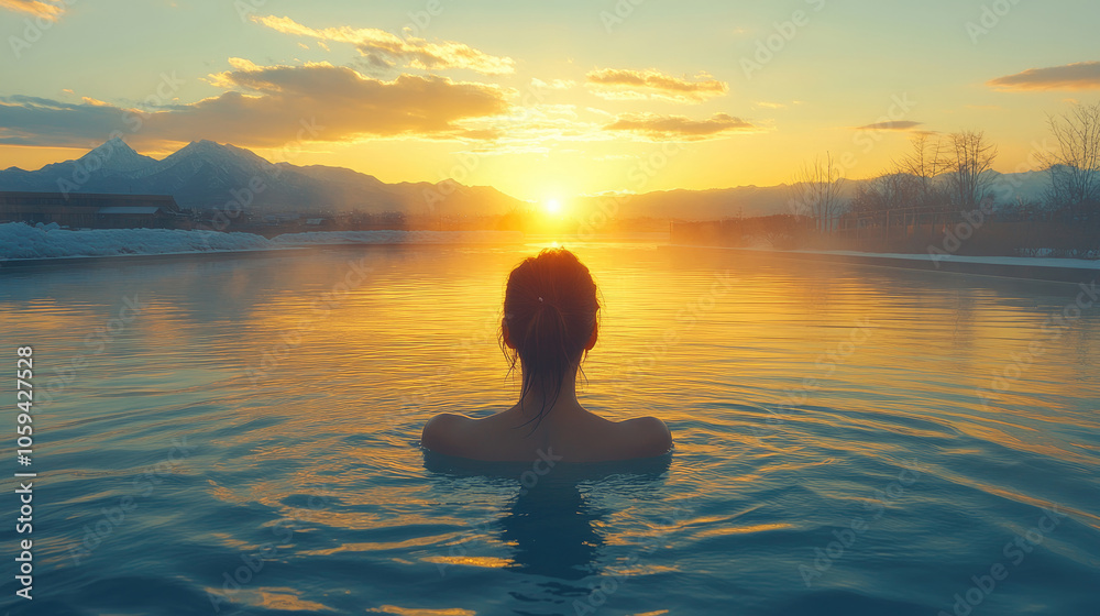 A person enjoys a soothing soak in a natural hot spring while the sun rises over distant mountains, creating a peaceful and refreshing ambiance A person enjoys a soothing soak in a natural hot spring while the sun rises over distant mountains, creating a peaceful and refreshing ambiance
